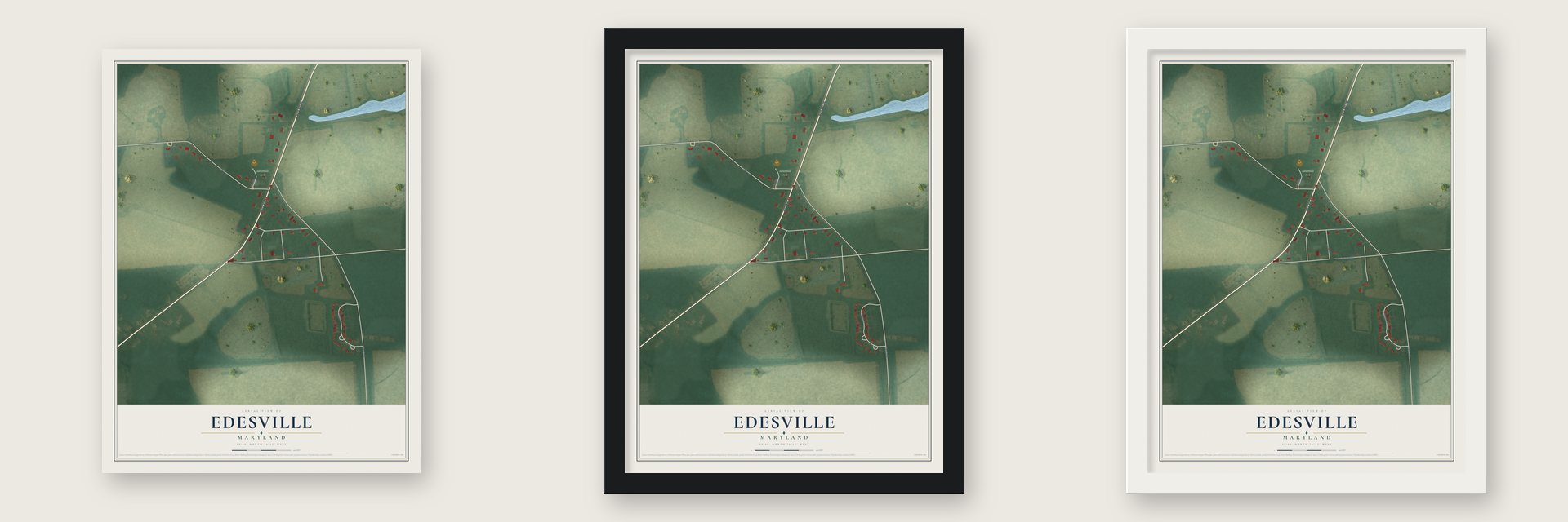 Edesville, Maryland map unframed, in a black wood frame and in a white wood frame