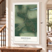 Edesville, Maryland map, 24 x 36 inch print in a white frame by a staircase