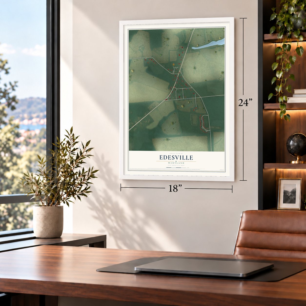 Edesville, Maryland map, 18 x 24 inch print in a white frame in a home office