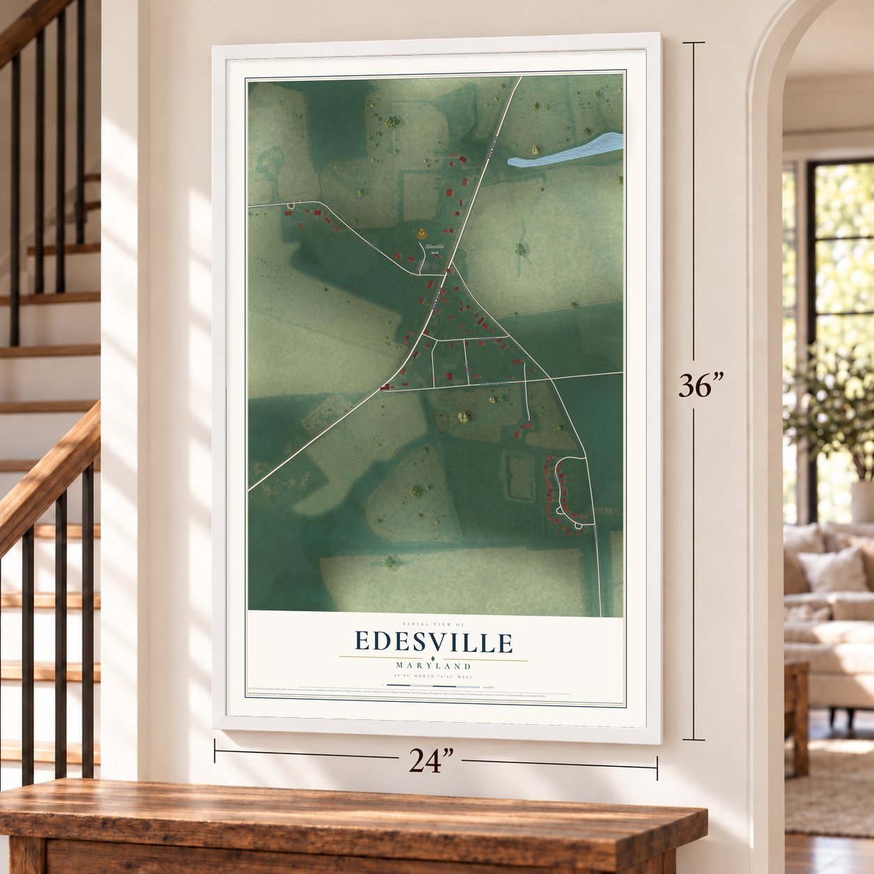 Edesville, Maryland map, 24 x 36 inch print in a white frame by a staircase