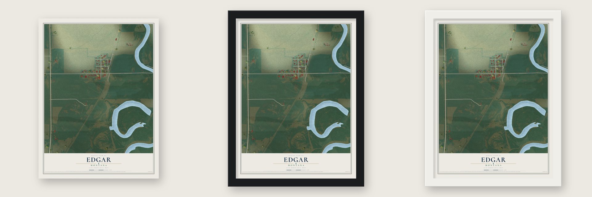 Edgar, Montana map unframed, in a black wood frame and in a white wood frame