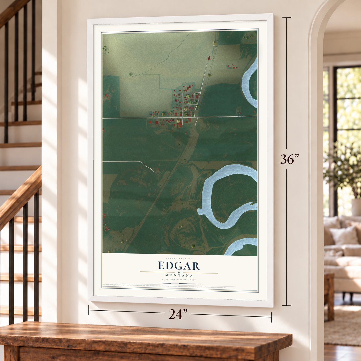 Edgar, Montana map, 24 x 36 inch print in a white frame by a staircase