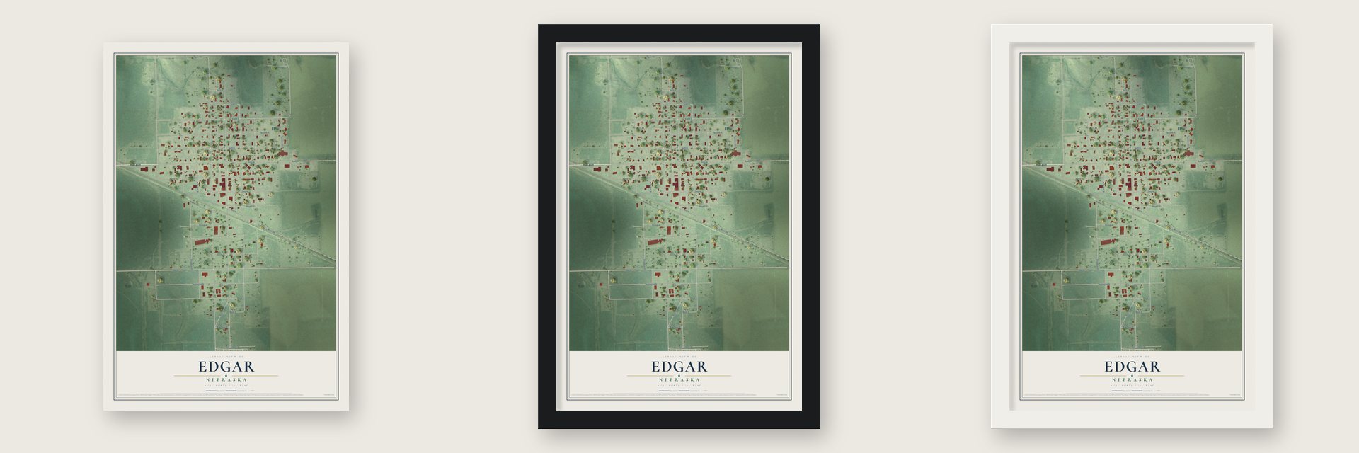 Edgar, Nebraska map unframed, in a black wood frame and in a white wood frame