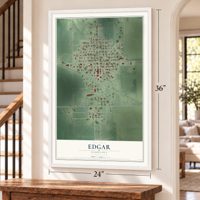 Edgar, Nebraska map, 24 x 36 inch print in a white frame by a staircase