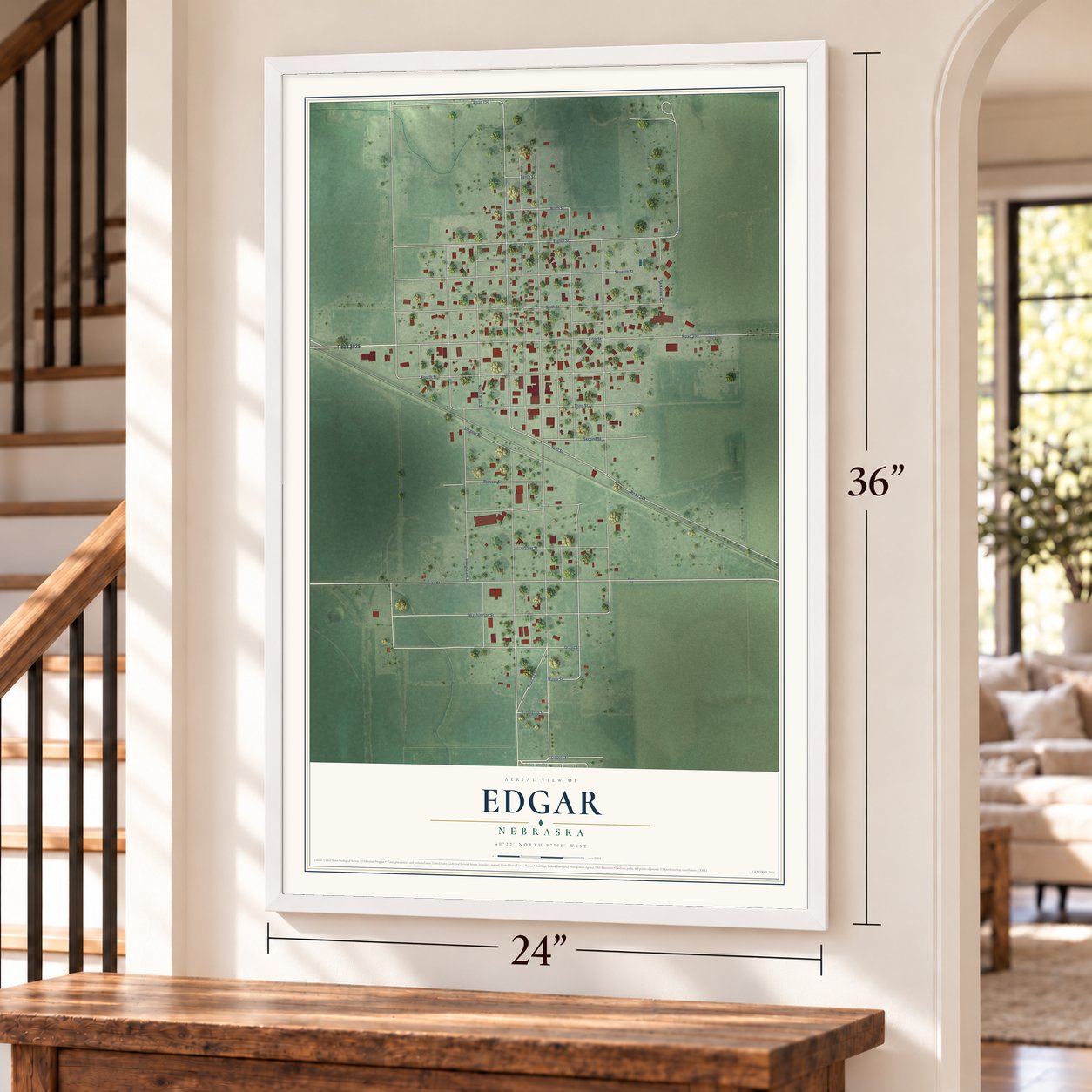 Edgar, Nebraska map, 24 x 36 inch print in a white frame by a staircase