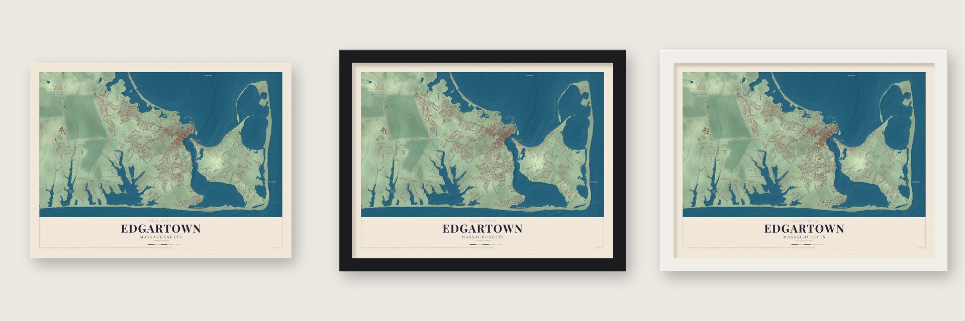 Edgartown, Massachusetts map unframed, in a black wood frame and in a white wood frame