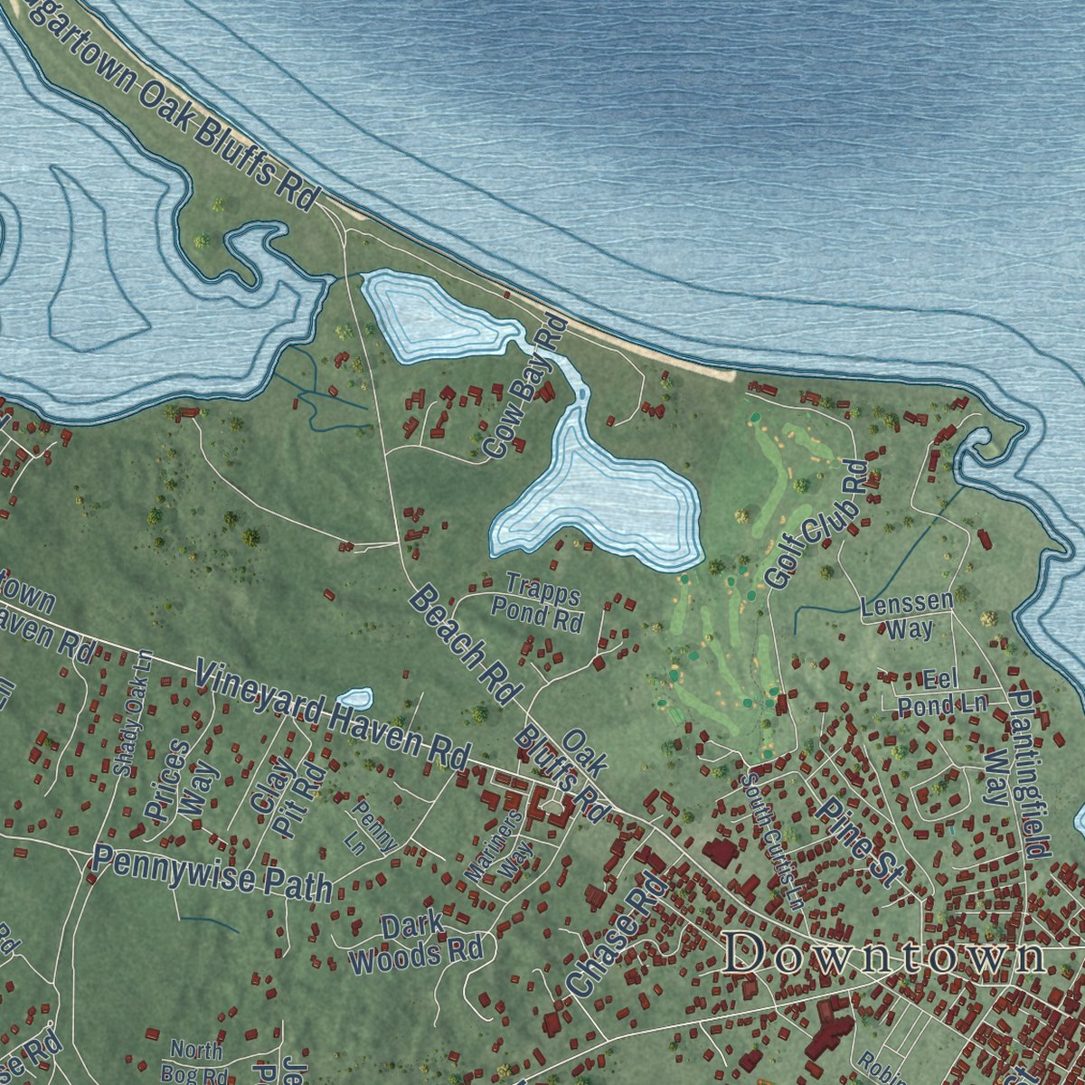 Second close-up of the map of Edgartown, Massachusetts print showing more streets and buildings