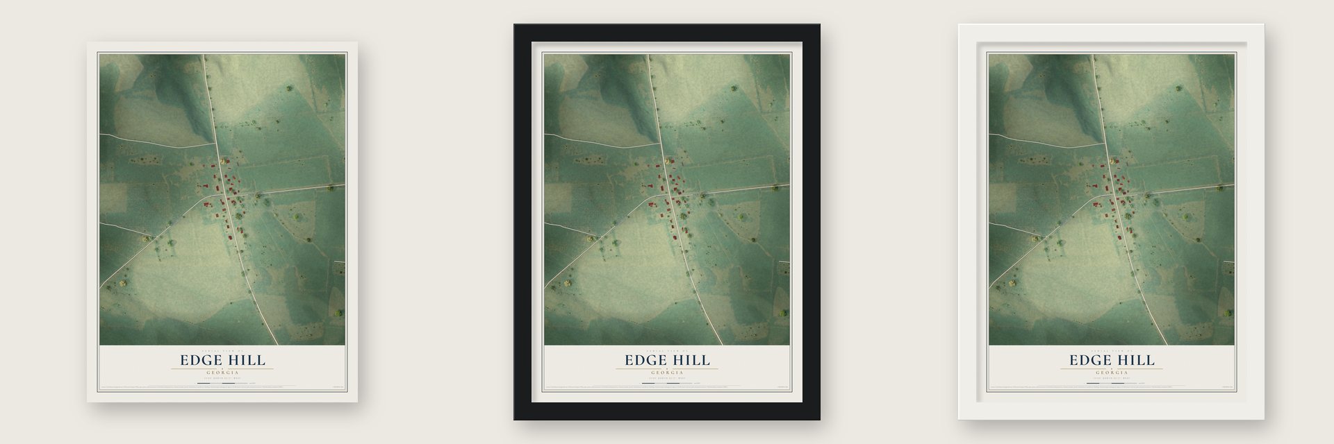 Edge Hill, Georgia map unframed, in a black wood frame and in a white wood frame