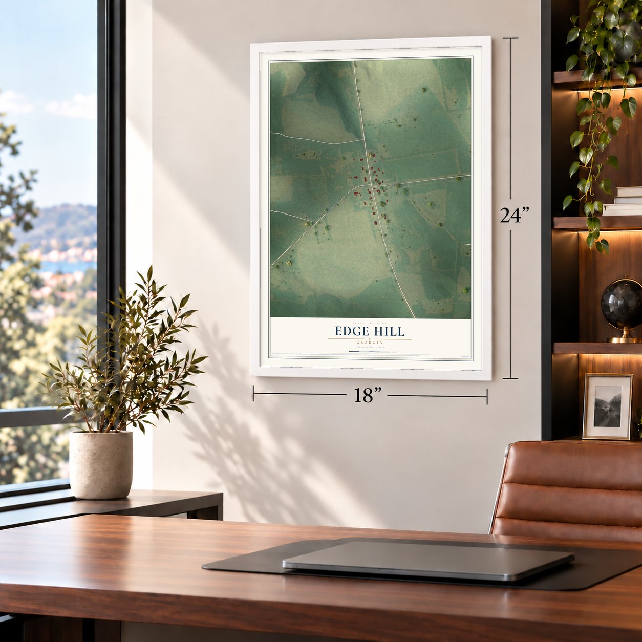 Edge Hill, Georgia map, 18 x 24 inch print in a white frame in a home office
