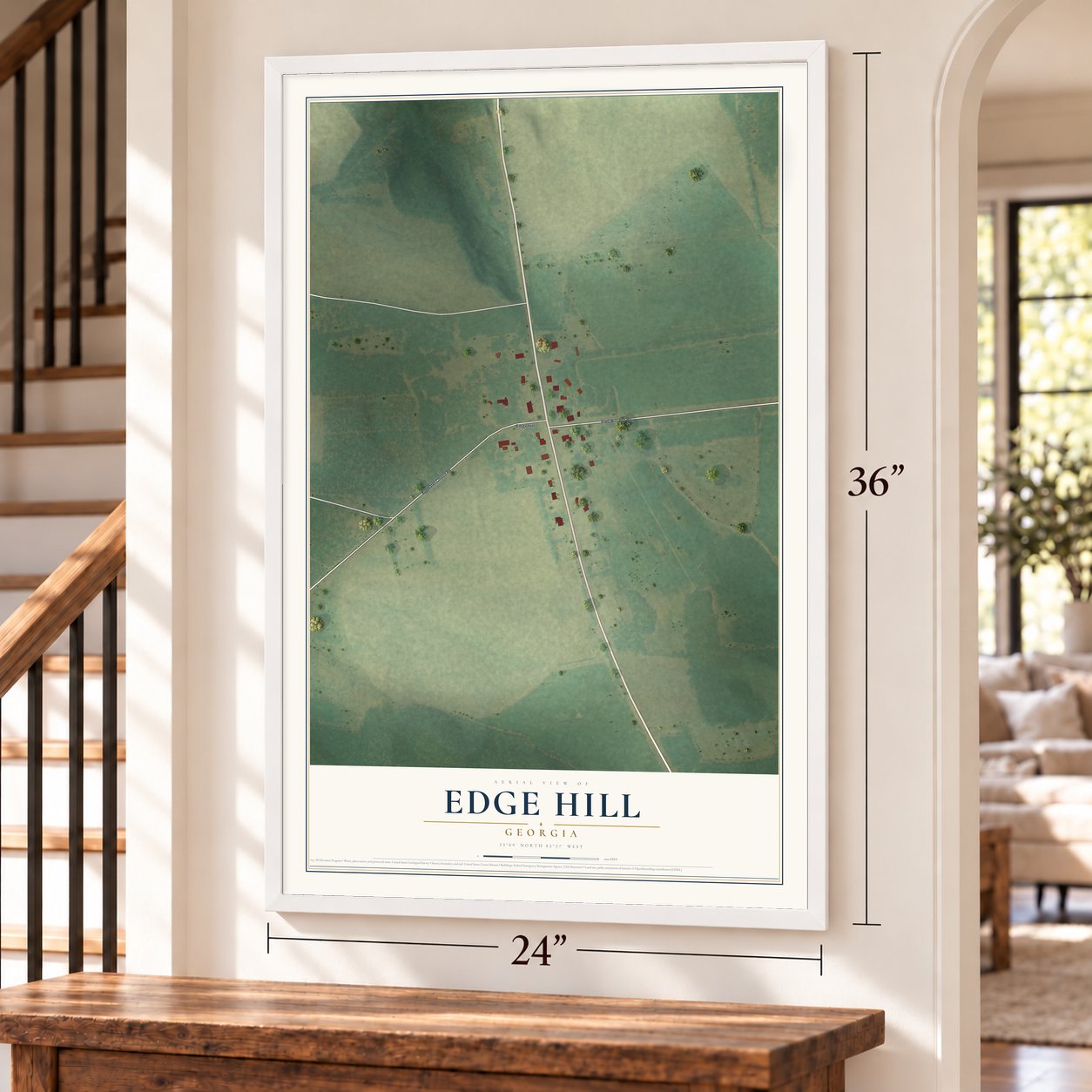 Edge Hill, Georgia map, 24 x 36 inch print in a white frame by a staircase