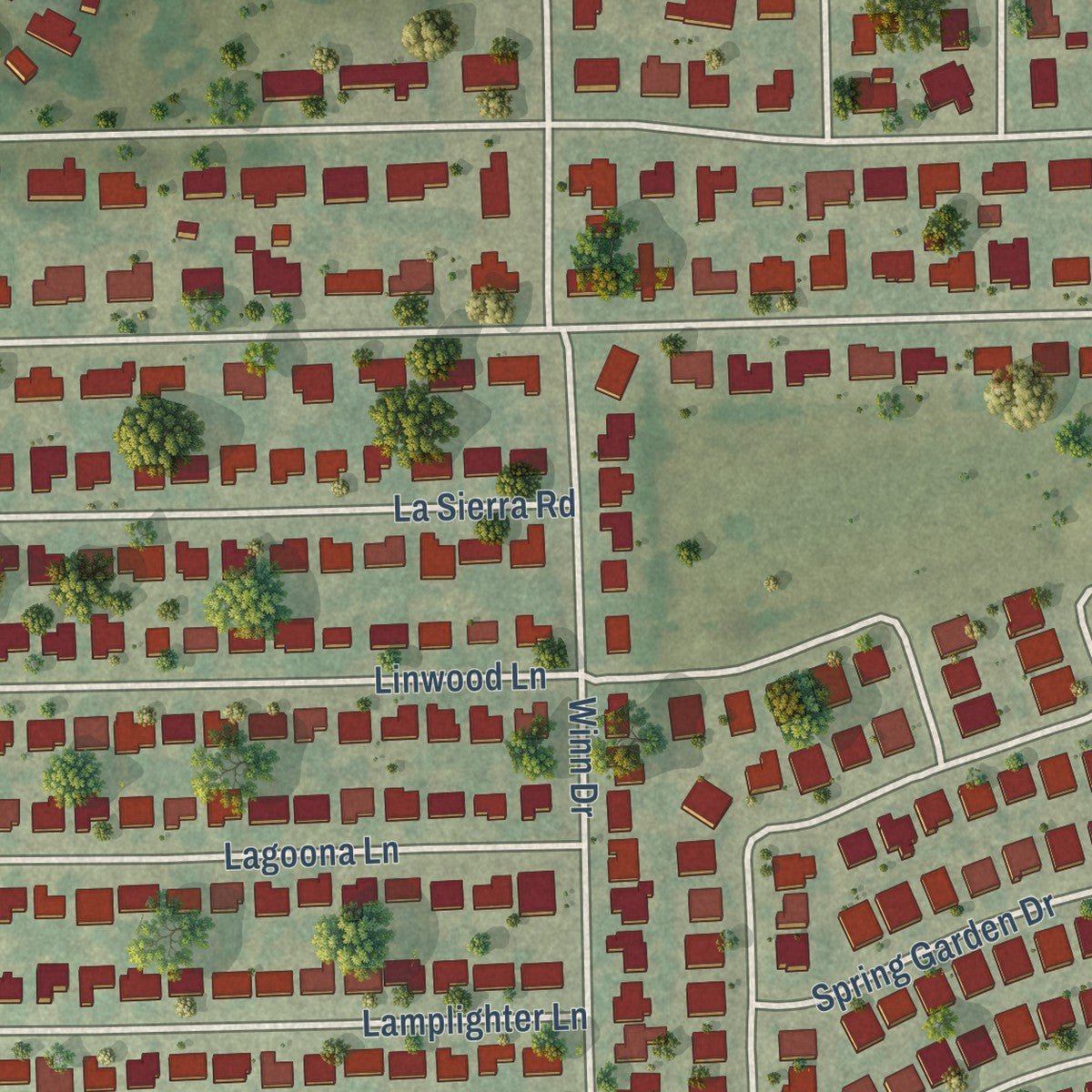 Second close-up of the map of Edgecliff Village, Texas print showing more streets and buildings