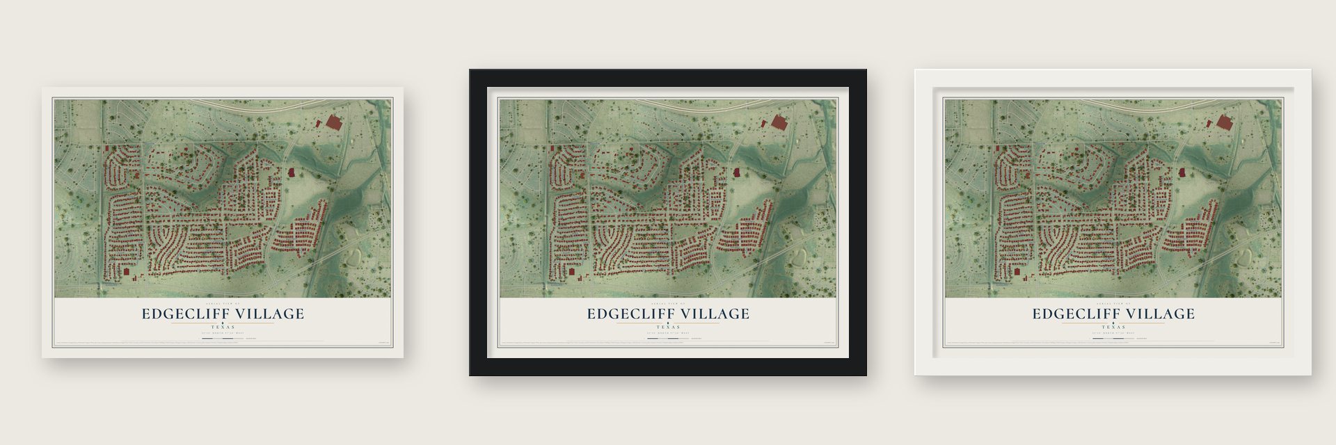 Edgecliff Village, Texas map unframed, in a black wood frame and in a white wood frame