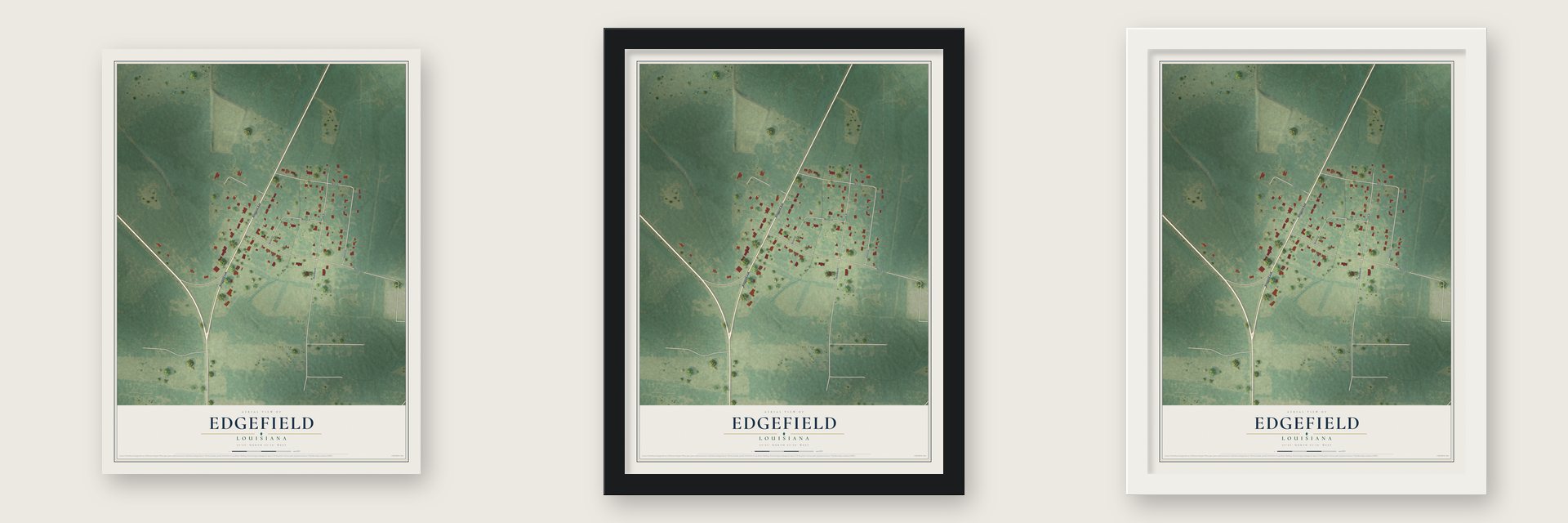 Edgefield, Louisiana map unframed, in a black wood frame and in a white wood frame