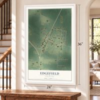 Edgefield, Louisiana map, 24 x 36 inch print in a white frame by a staircase