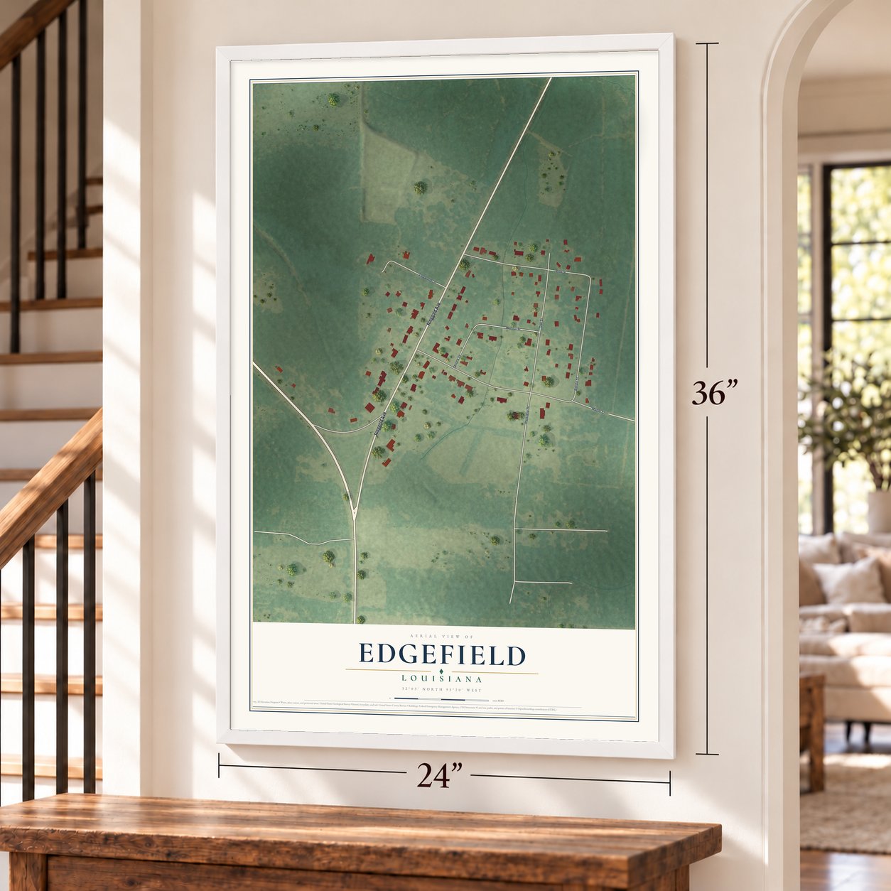 Edgefield, Louisiana map, 24 x 36 inch print in a white frame by a staircase