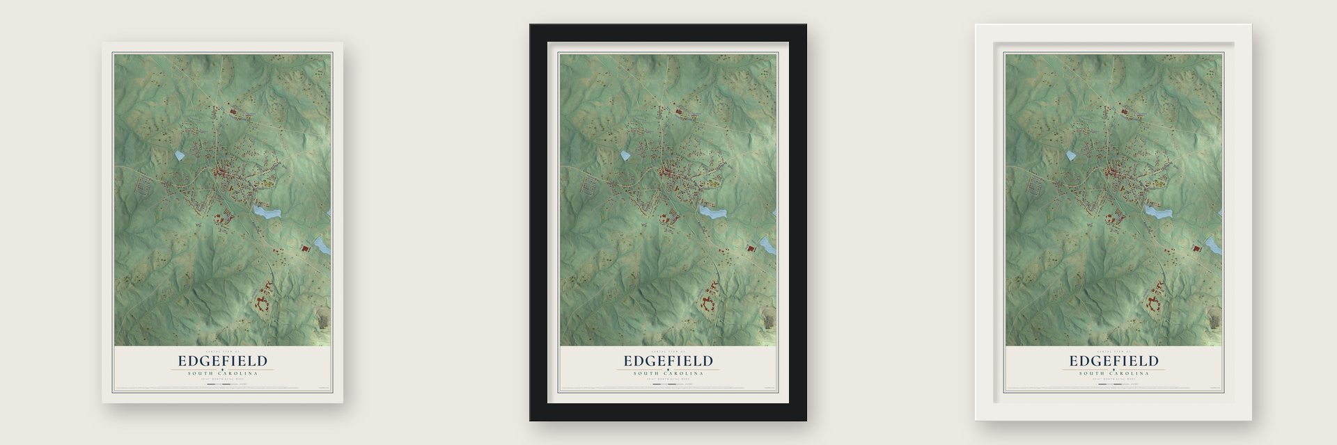 Edgefield, South Carolina map unframed, in a black wood frame and in a white wood frame