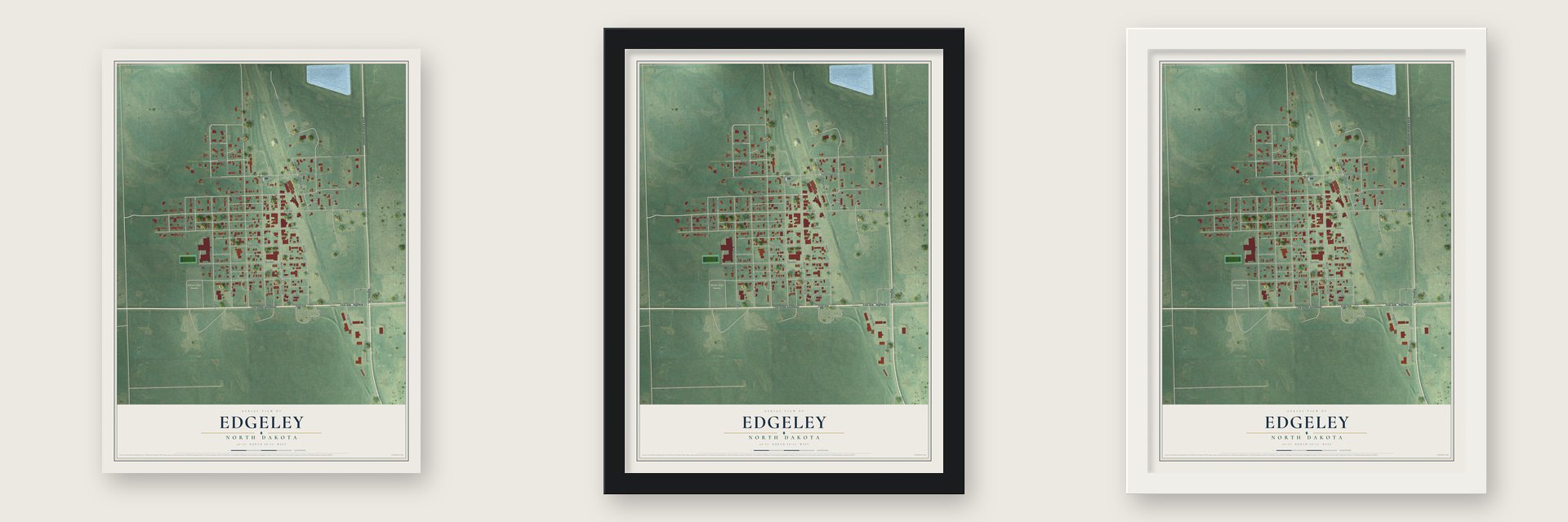 Edgeley, North Dakota map unframed, in a black wood frame and in a white wood frame
