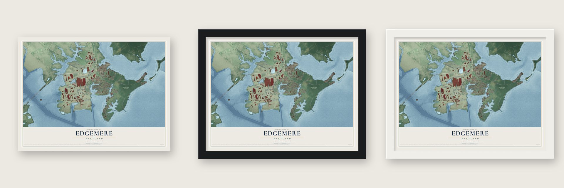 Edgemere, Maryland map unframed, in a black wood frame and in a white wood frame