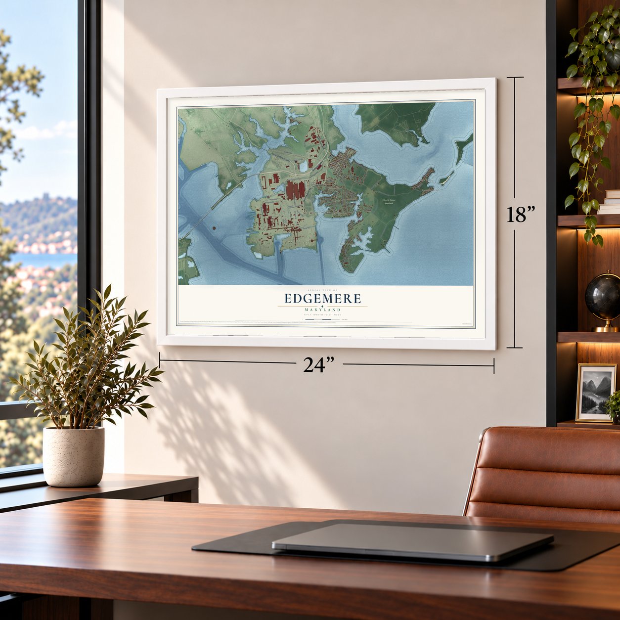 Edgemere, Maryland map, 18 x 24 inch print in a white frame in a home office