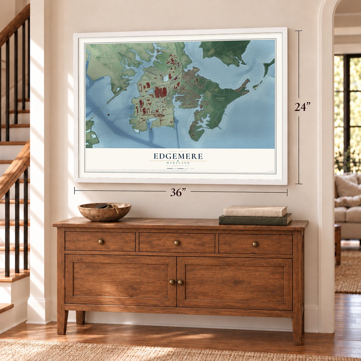 Edgemere, Maryland map, 24 x 36 inch print in a white frame above a dresser by a staircase