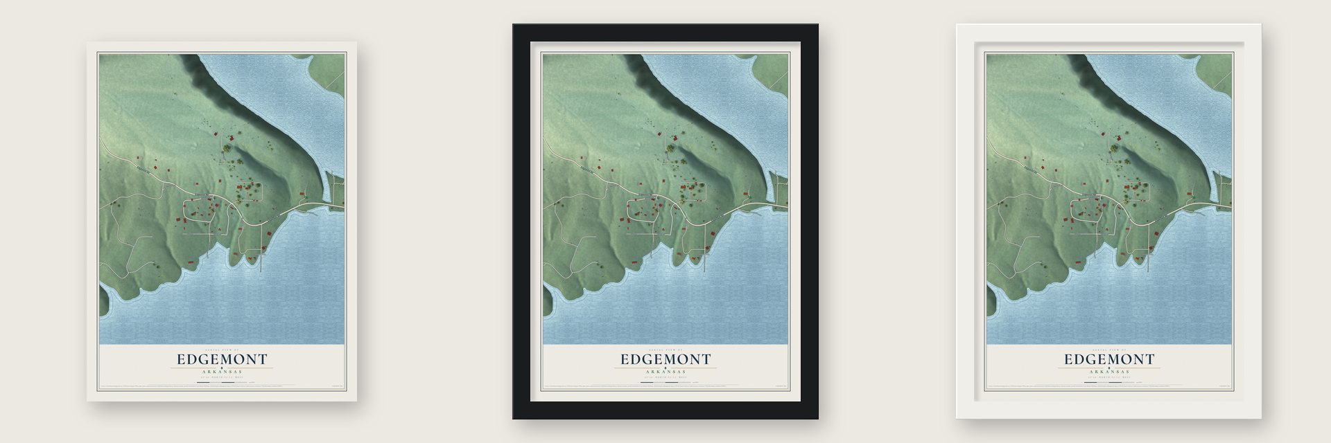 Edgemont, Arkansas map unframed, in a black wood frame and in a white wood frame