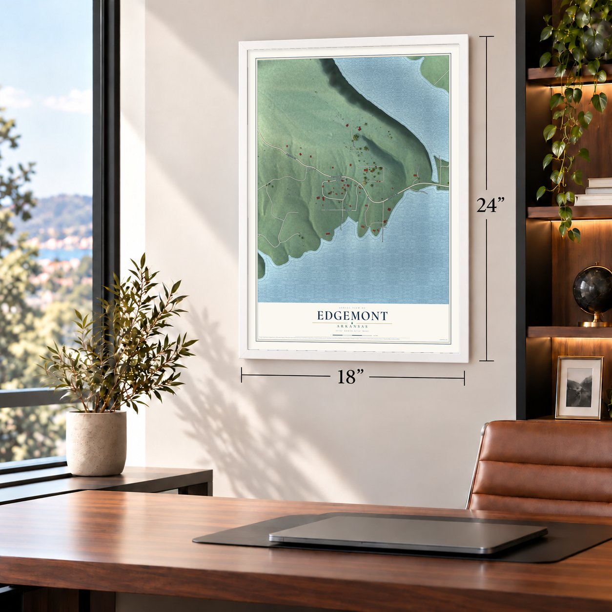 Edgemont, Arkansas map, 18 x 24 inch print in a white frame in a home office