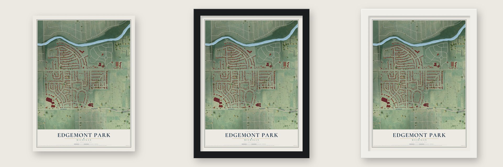 Edgemont Park, Michigan map unframed, in a black wood frame and in a white wood frame