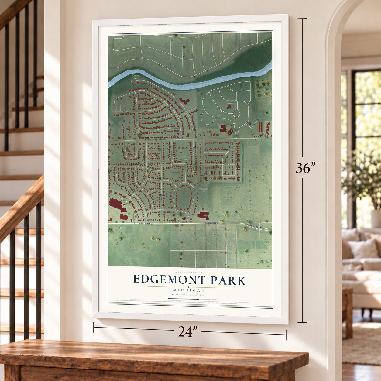 Edgemont Park, Michigan map, 24 x 36 inch print in a white frame by a staircase