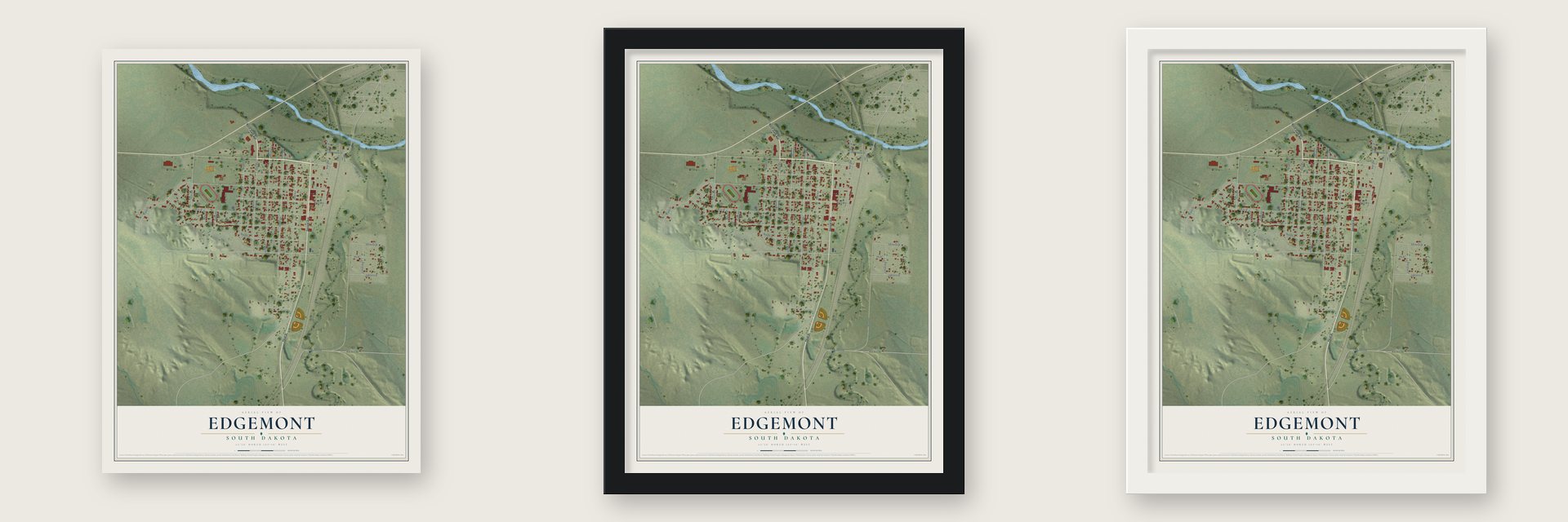 Edgemont, South Dakota map unframed, in a black wood frame and in a white wood frame