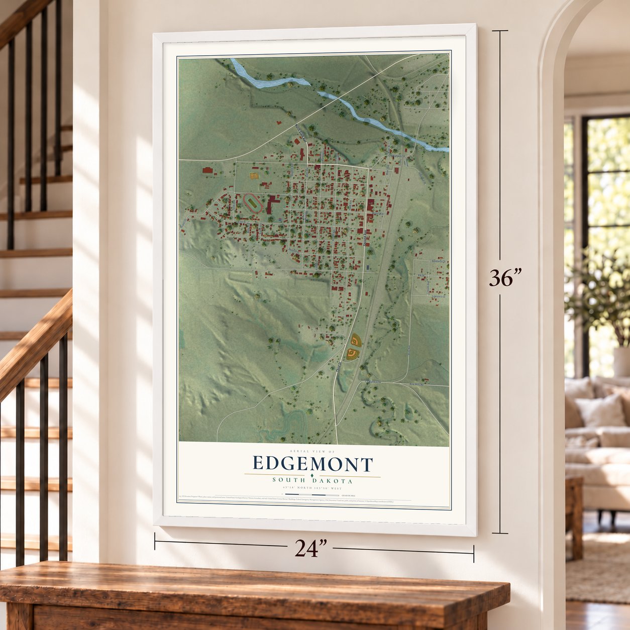 Edgemont, South Dakota map, 24 x 36 inch print in a white frame by a staircase