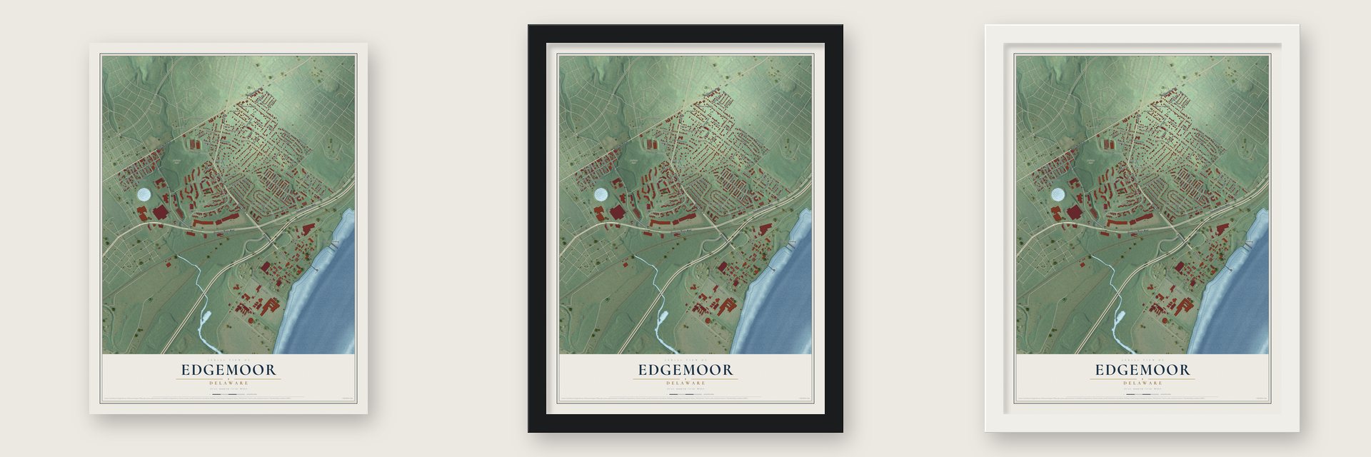 Edgemoor, Delaware map unframed, in a black wood frame and in a white wood frame