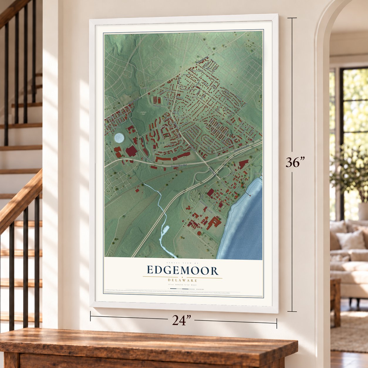 Edgemoor, Delaware map, 24 x 36 inch print in a white frame by a staircase