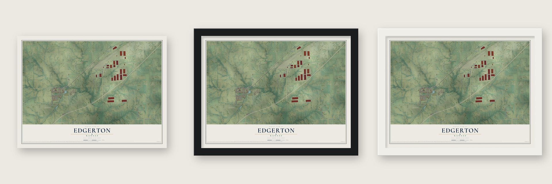 Edgerton, Kansas map unframed, in a black wood frame and in a white wood frame