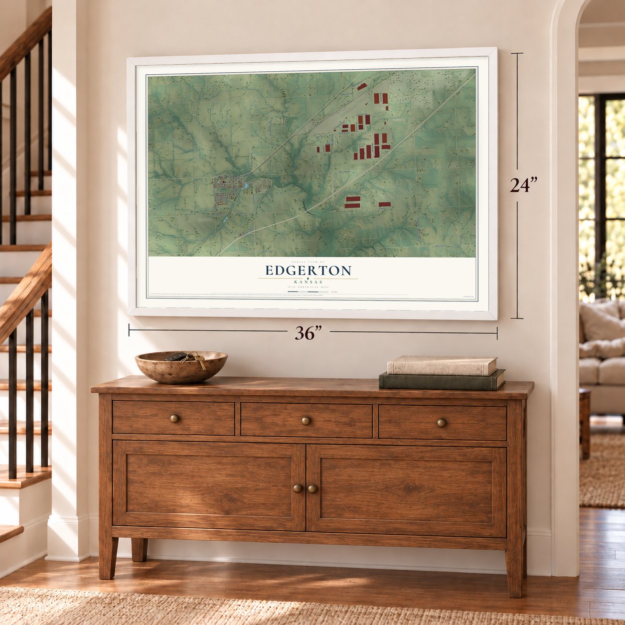 Edgerton, Kansas map, 24 x 36 inch print in a white frame above a dresser by a staircase