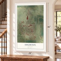 Edgerton, Minnesota map, 24 x 36 inch print in a white frame by a staircase