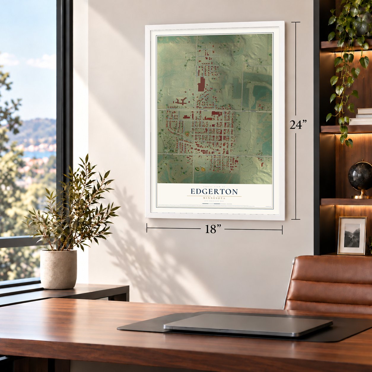 Edgerton, Minnesota map, 18 x 24 inch print in a white frame in a home office