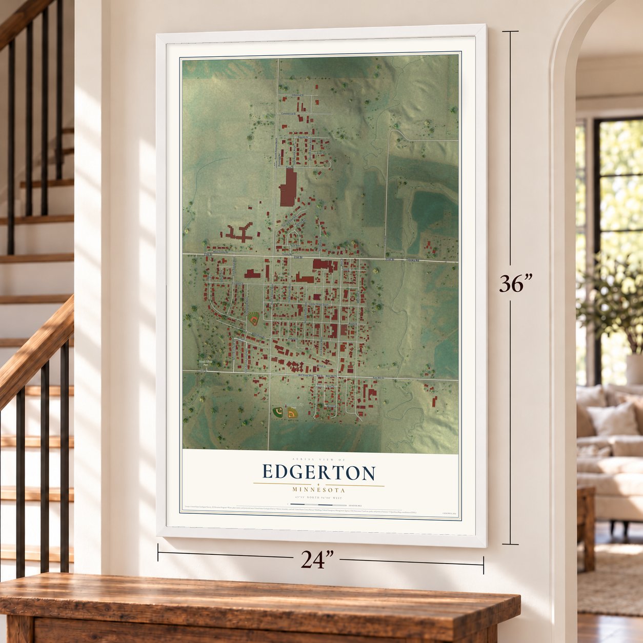 Edgerton, Minnesota map, 24 x 36 inch print in a white frame by a staircase