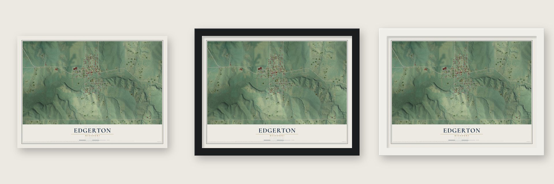 Edgerton, Missouri map unframed, in a black wood frame and in a white wood frame