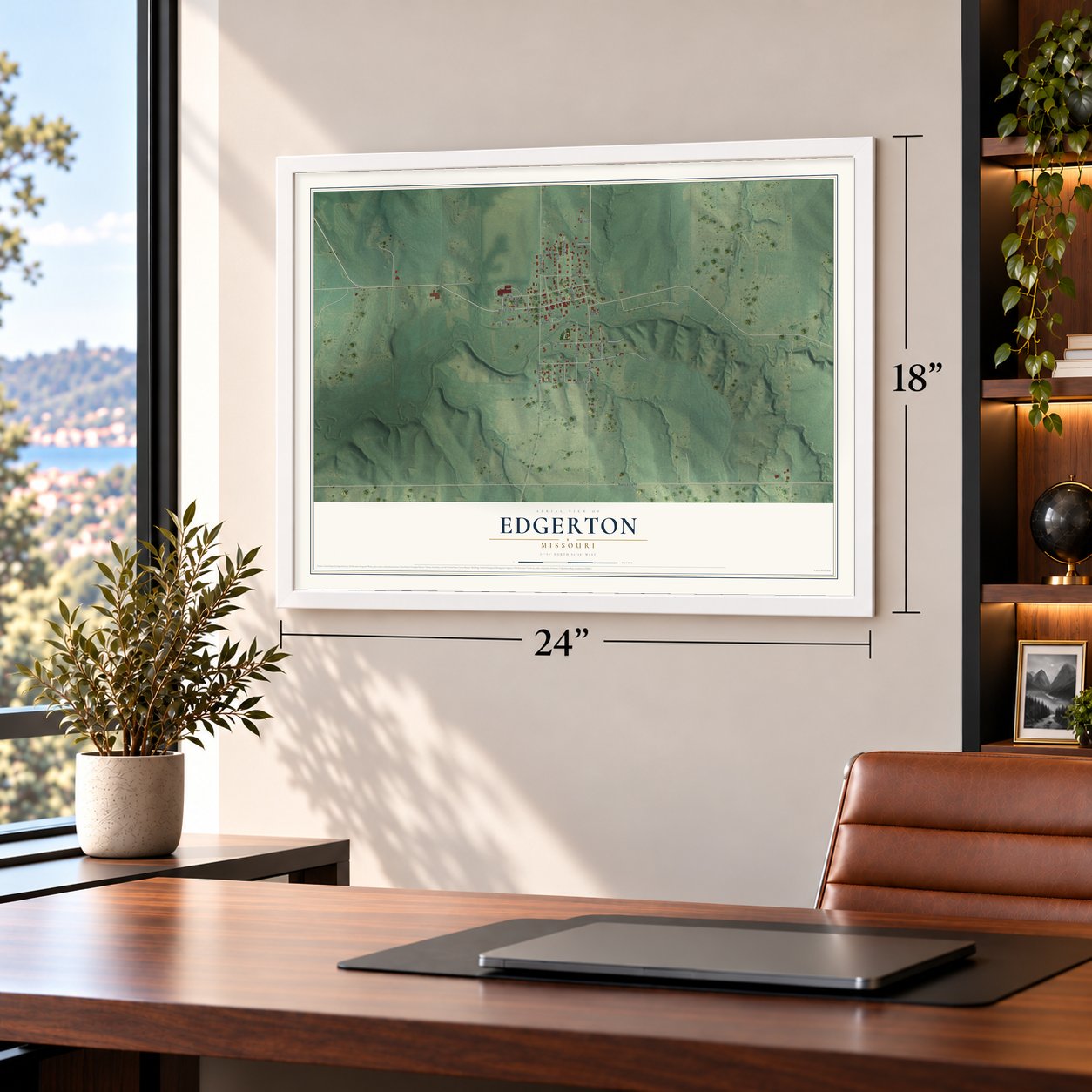 Edgerton, Missouri map, 18 x 24 inch print in a white frame in a home office