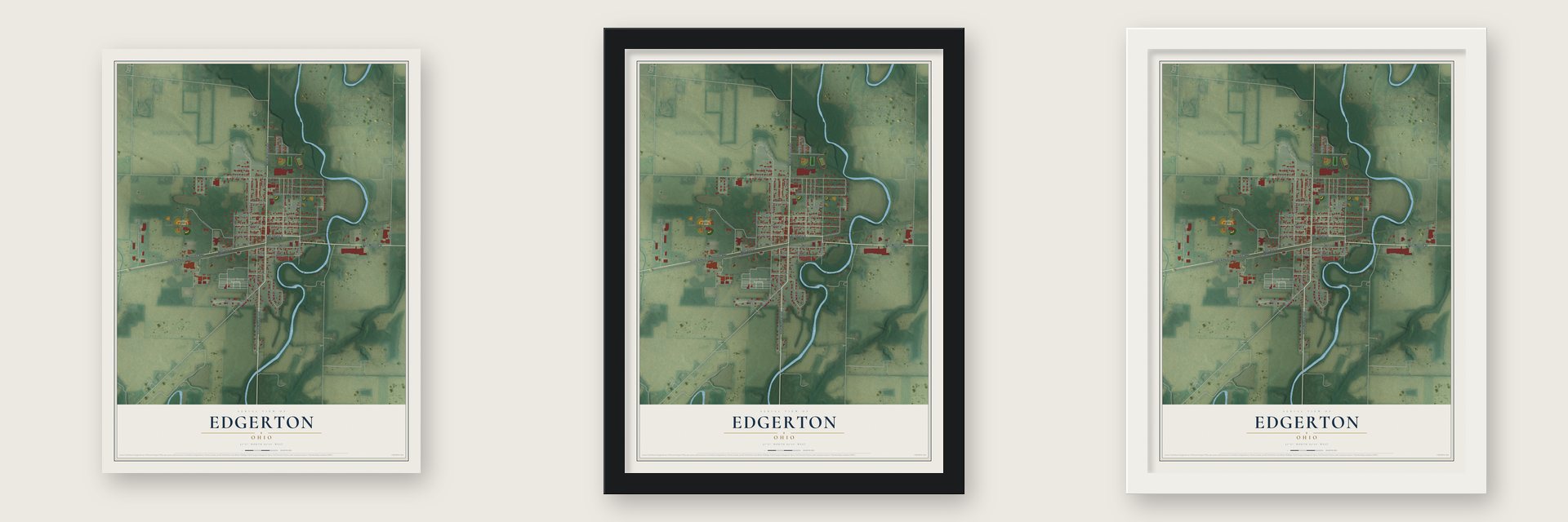 Edgerton, Ohio map unframed, in a black wood frame and in a white wood frame