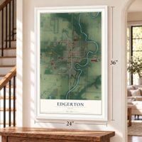 Edgerton, Ohio map, 24 x 36 inch print in a white frame by a staircase
