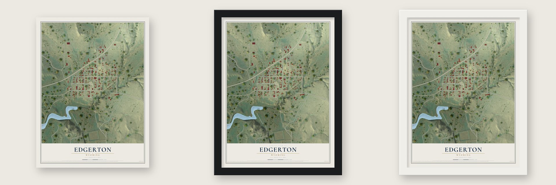 Edgerton, Wyoming map unframed, in a black wood frame and in a white wood frame