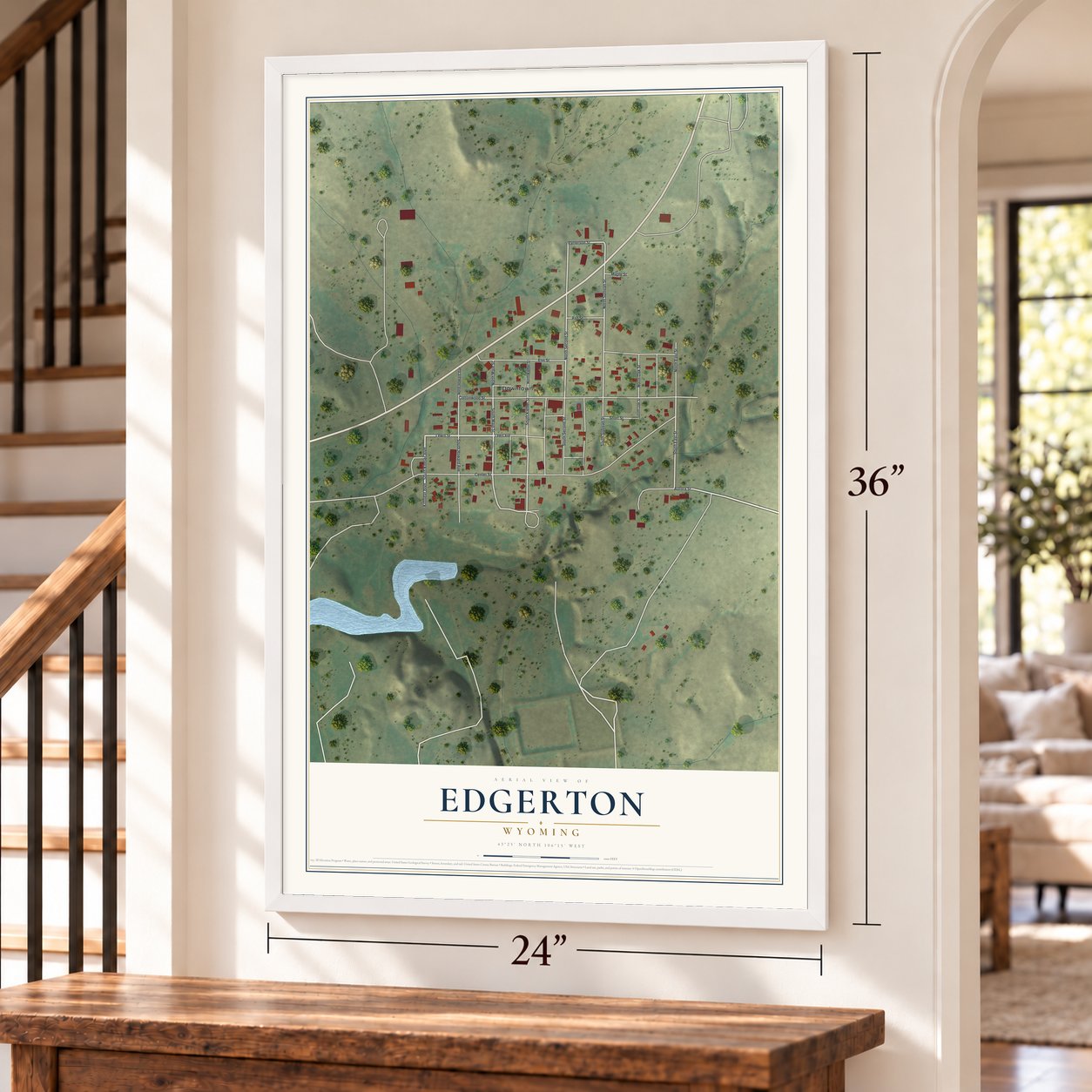 Edgerton, Wyoming map, 24 x 36 inch print in a white frame by a staircase