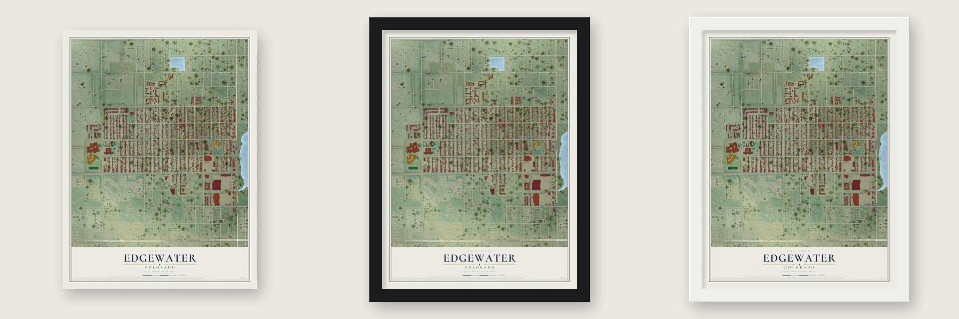 Edgewater, Colorado map unframed, in a black wood frame and in a white wood frame