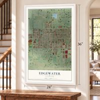 Edgewater, Colorado map, 24 x 36 inch print in a white frame by a staircase