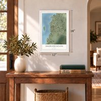 Edgewater Estates, Texas map, 12 x 18 inch print in a white frame in an entryway