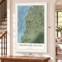 Edgewater Estates, Texas map, 24 x 36 inch print in a white frame by a staircase
