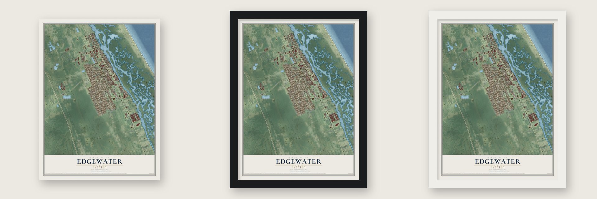 Edgewater, Florida map unframed, in a black wood frame and in a white wood frame