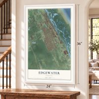 Edgewater, Florida map, 24 x 36 inch print in a white frame by a staircase