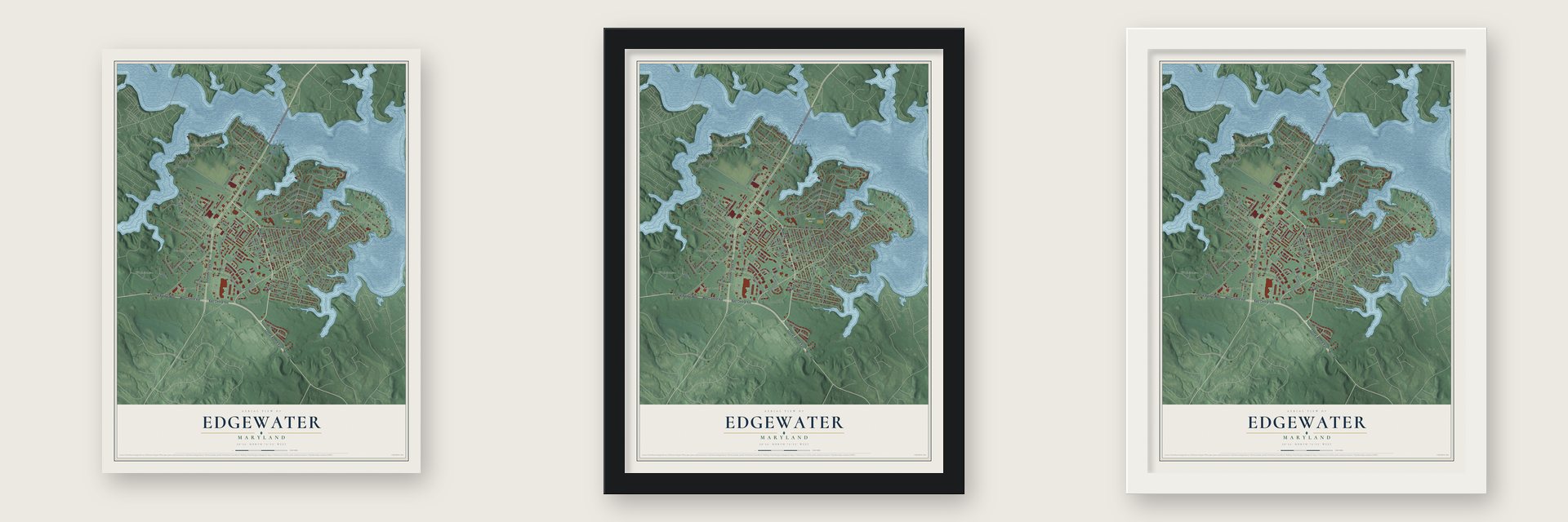 Edgewater, Maryland map unframed, in a black wood frame and in a white wood frame